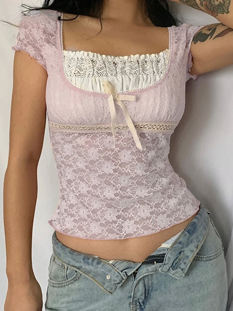 

dinboa-2022 Y2K Pink Trim Crop Top Bow Cute Sweet T Shirt Women Retro Short Sleeve Lace Patched Summer Tee Prepply Korean Tshirt