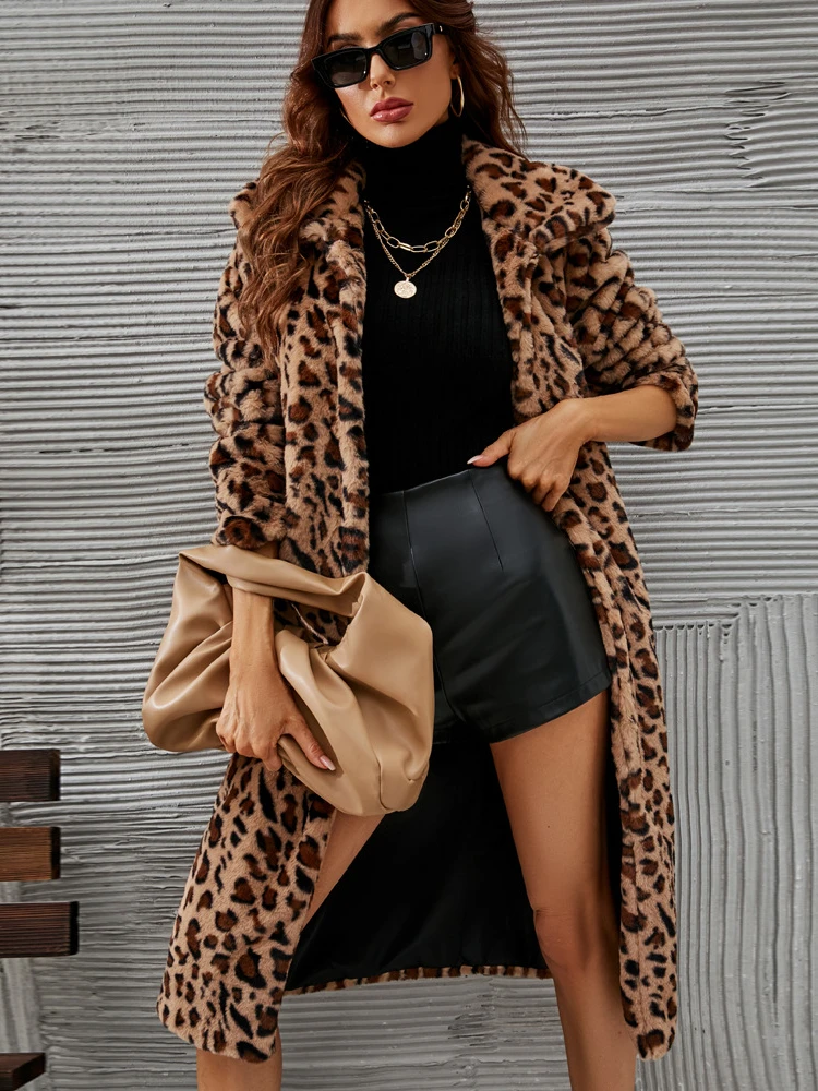 

Зимнее женское теплое длинное пальто из искусственного меха, леопардовые женские длинные куртки из пушистого меха для отдыха, толстые пушистые Роскошные куртки, верхняя одежда 2023