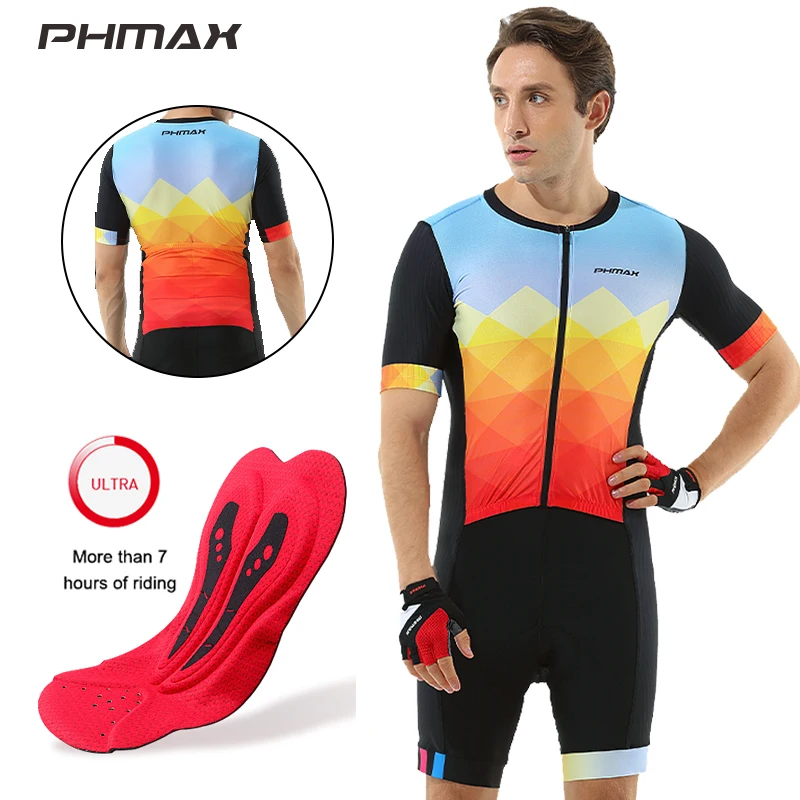 

PHMAX Cycling Jersey Set Summer Breathable Bike Clothing With Sponge Pad Short Sleeve Racing Road Bicycle Cycling Jumpsuit