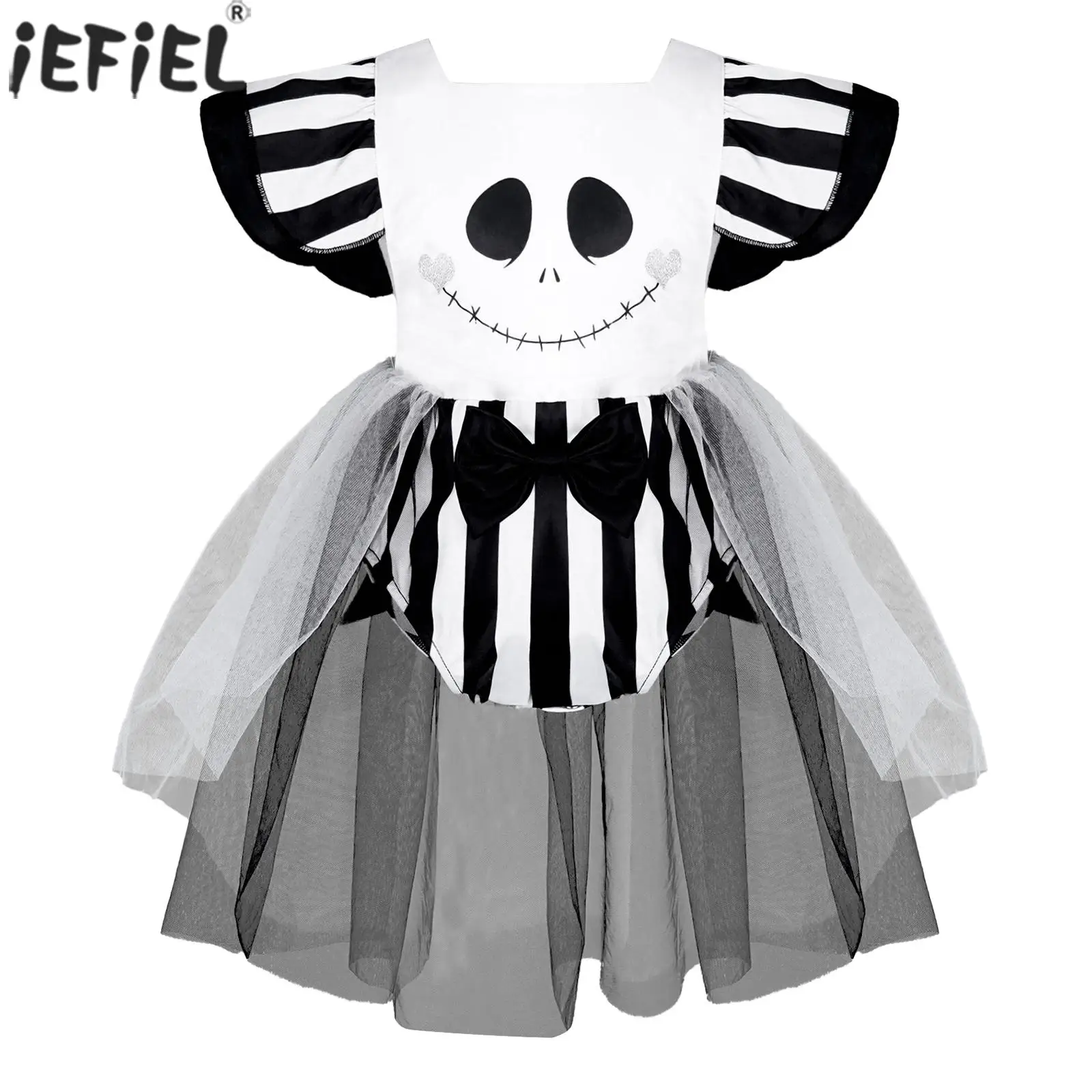 

Infant Baby Girls Ghost Cosplay Dress Kid Halloween Party Costume Flutter Sleeves Skull Face Printed Mesh Romper Dresses Leotard