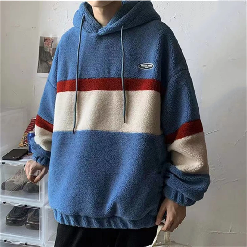 

Women Men Hoodies 2022 Warm Polar Fleece Sweatshirt Fashion Korean Men Hooded Tops Loose Pullover Comfort Patchwork Sweatshirts
