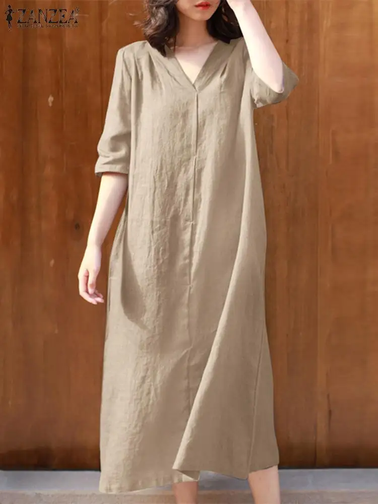 

Платье ZANZEA женское хлопковое средней длины, повседневный модный элегантный сарафан с рукавом до локтя и V-образным вырезом, однотонное, лето 2023
