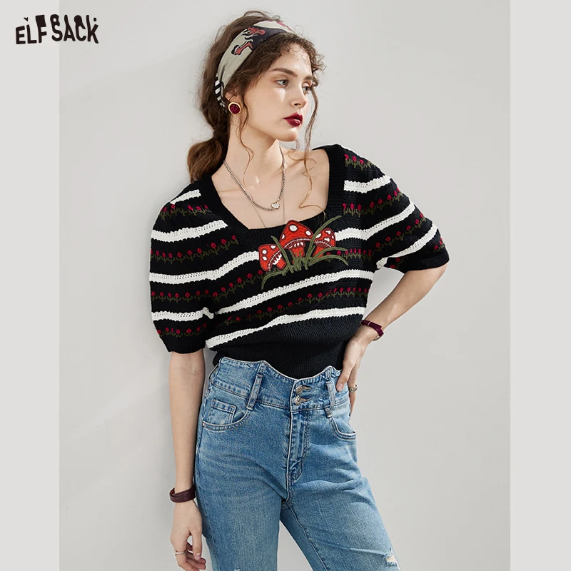 ELFSACK Black Striped Knitwears Women 2023 Spring Short Sleeve Basic Tops