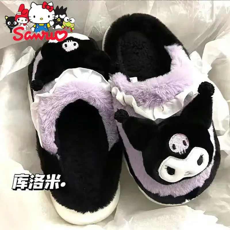 

Sanrio Melody Kuromi Hello Kitty Cinnamoroll Pochacco Slippers Women's Indoor Home Winter Warm Outside Wearing Fur Slipper Women