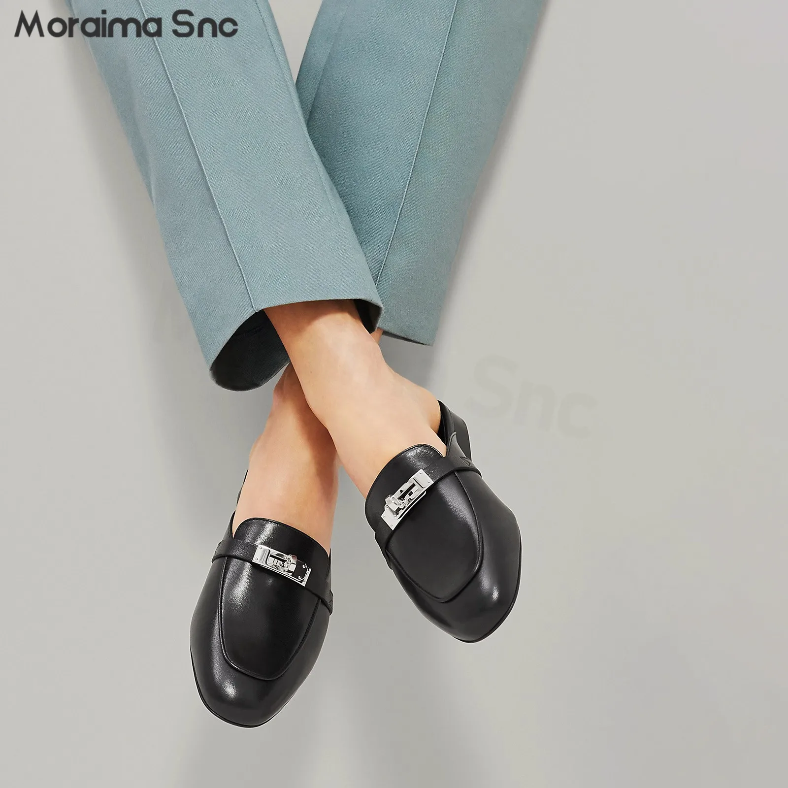 Metal Buckle Baotou Muller Slippers New Leather Low Heel Round Toe Backspace Slippers Casual Comfortable Fashion Women's Shoes