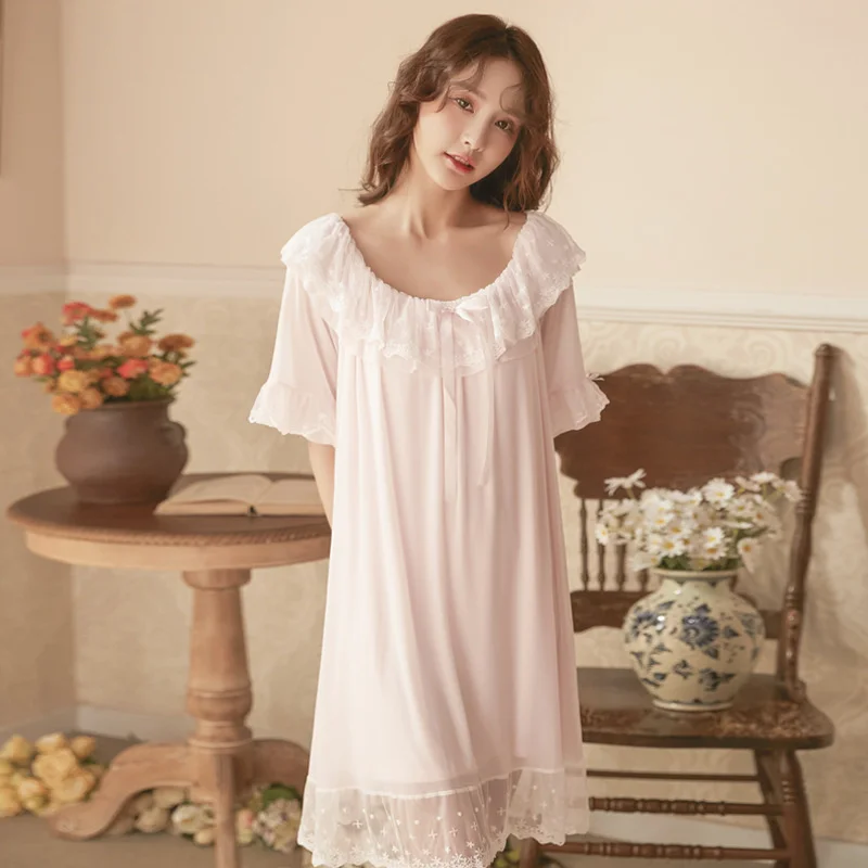 Modal Mesh Nightdress Women Lace Short Sleeve Nightgown Spring Sleepshirt Summer Princess Palace Style Home Dressing Gowns Women