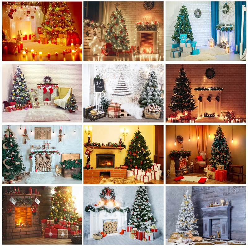 

Vinyl Custom Christmas Day Photography Backdrops Prop Christmas Tree Fireplace Photographic Background Cloth 21710CHM-002