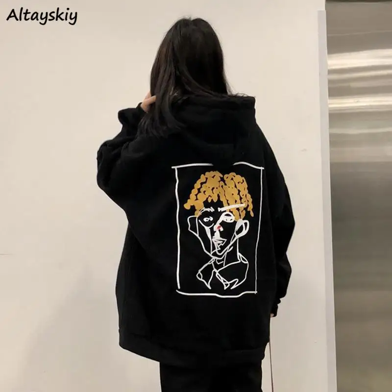 

With Hat Hoodies Women Printed Loose Streetwear Fashion Pullover Korean Style Hooded Harajuku Students All-match Daily Hot Sale
