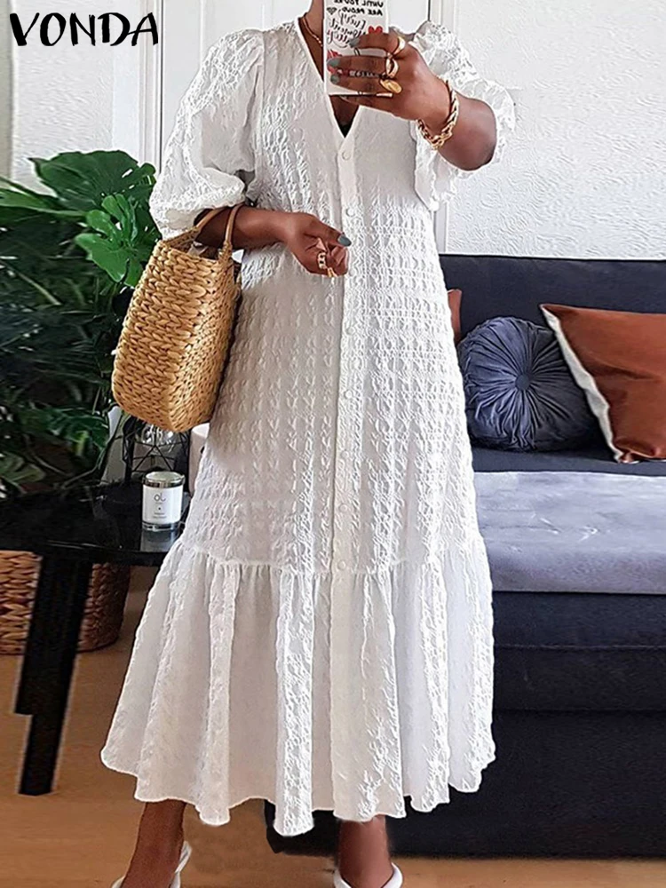 

VONDA Women Autumn Dress 2022 Sexy V Neck Button Long Shirt Half Sleeve Holiday Party Pleated Maxi Robe Casual Bohemian Vestidos