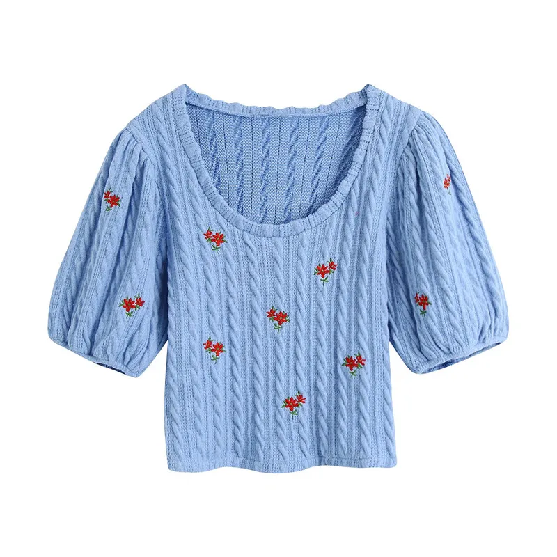 

Элегантный милый весенний синий вязаный пуловер Evfer для девочек с красными цветами и вышивкой, женские короткие свитера с большим круглым вырезом и коротким рукавом-фонариком