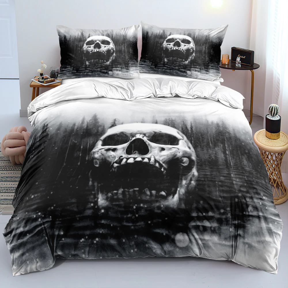 3D Howling Skull Bedding Set Black And White Gothic Comforter Cover Set Twin Full Queen King Size 135x200cm Bed Linen for Gift