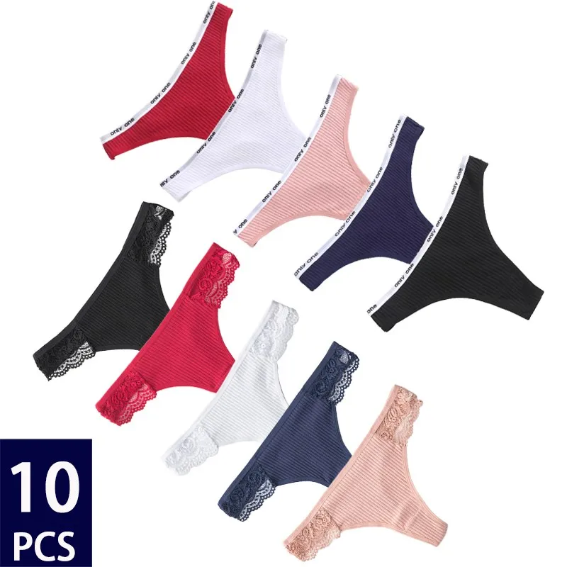 

10PCS Women G-string Panties Cotton Underwear Sexy Lace Briefs Female Underpants Thong Solid Color Intimates Pantys Lingerie