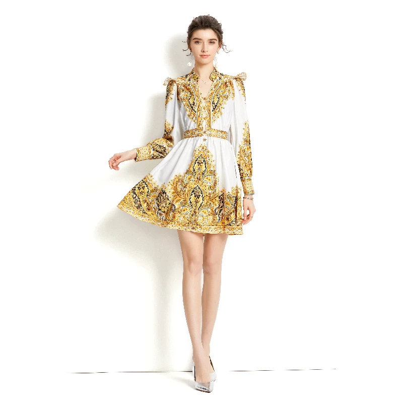 

SuperAen Original Design 2022 Spring V-neck Lantern Sleeve Printed Short A-LINE Casual Dresses Women