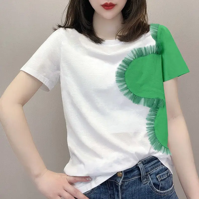 

Hikigawa шикарные модные женские винтажные Лоскутные сетчатые гофрированные футболки с круглым вырезом и коротким рукавом 2023 Летние повседневные Универсальные женские топы