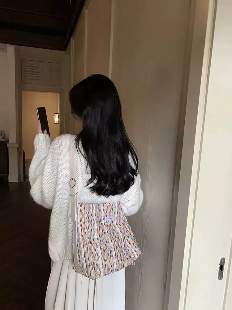 

Vintage Printing Plaid South Korea Designer Bag Japanese Canvas Fashion Women Handbags Large Shoulder Cotton Woven Tote Bag