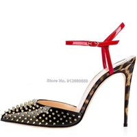 pointed toe rivet studded pumps women black red high heel sandals thin heels shoes ankle buckle strap gladiator shoes on heels