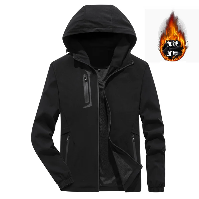 

Autumn winter sports black straight hem stand collar casual solid color zipper hood zipper pocket digging youth jacket