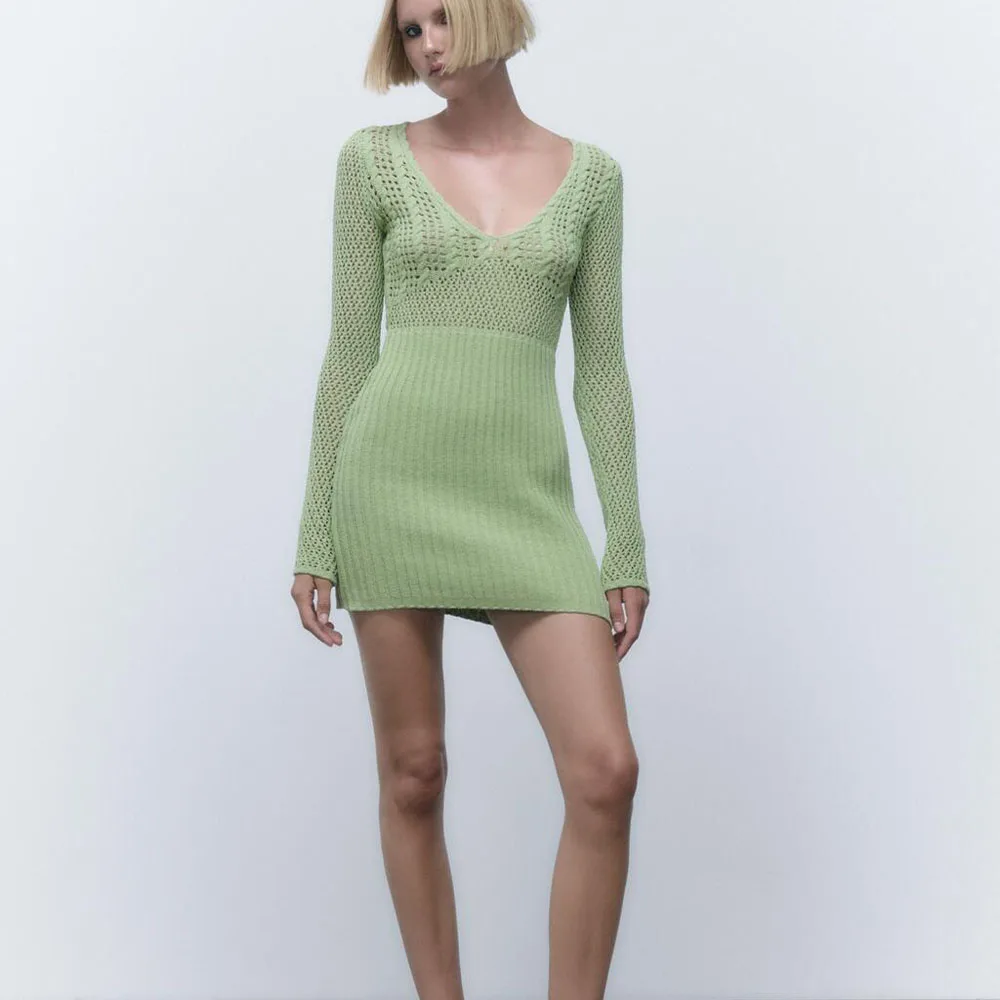 

Женское платье с длинным рукавом, ажурное платье из синельной ткани с глубоким V-образным вырезом, осень 2022