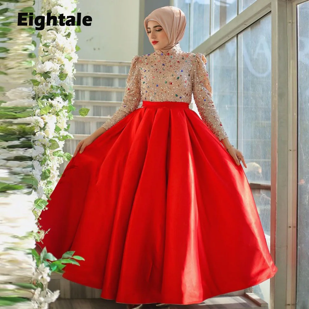 

Eightale Luxury Evening Dresses Muslim Beaded Crystals A-Line Long Sleeves Wedding Party Prom Gown vestidos de ocasión formales