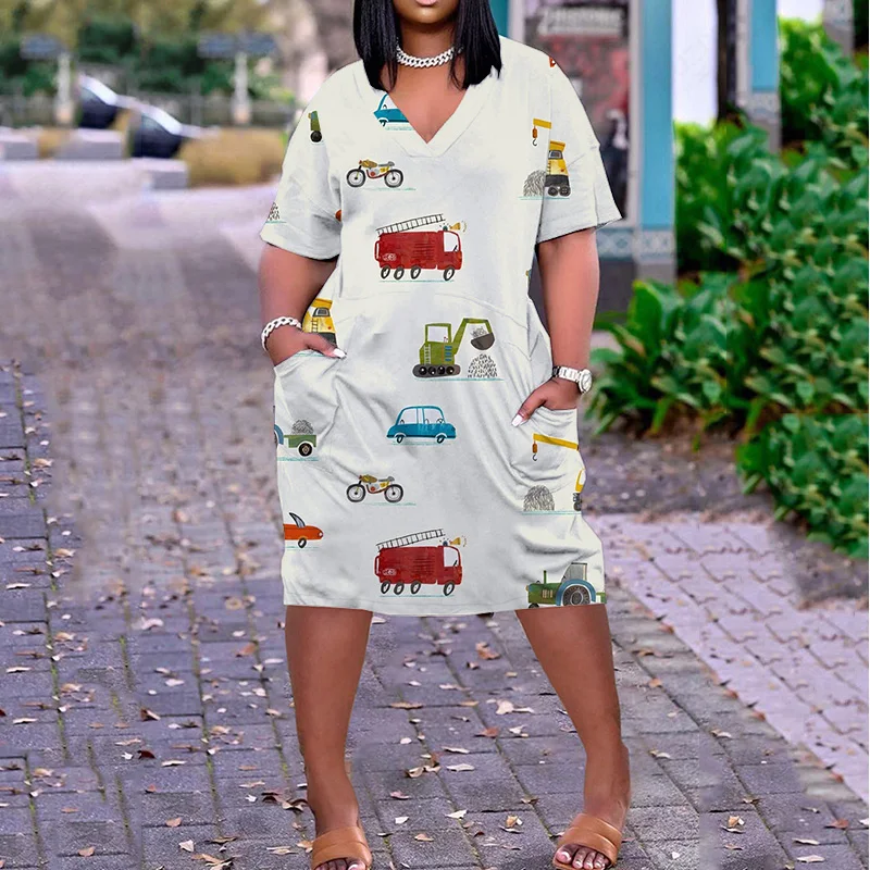 

Short Sleeve Large Size Women'S V Neck Summer Cartoon Outfits Beach Clothes British Fashionable Printed Online Hot Sale