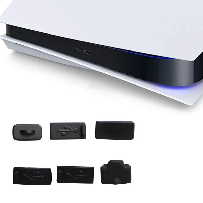 

For PS5 Accessories 6pcs Black Silicone Dust Plugs Set USB HDM Interface Anti-dust Cover Dustproof Plug for PS5 Game Console
