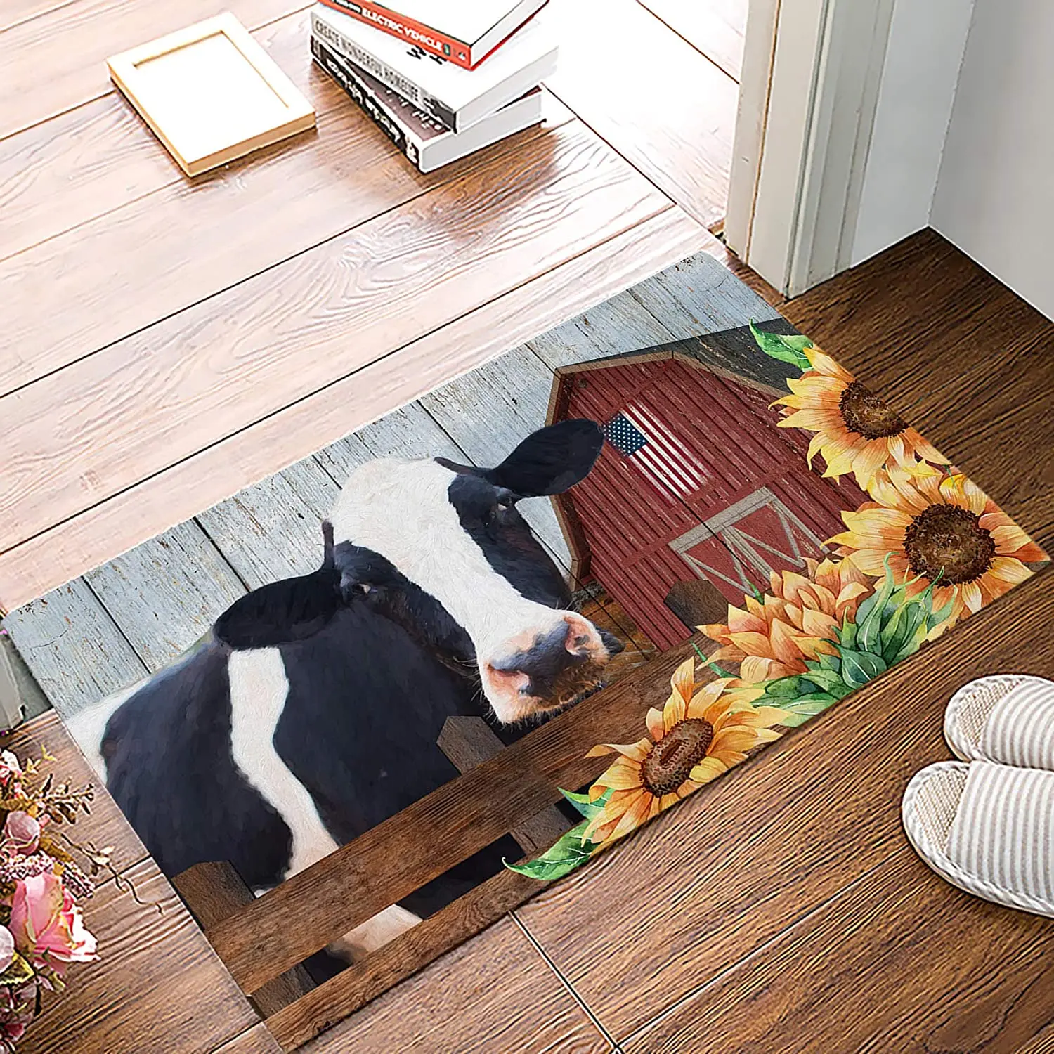 Sunflower Farm Cow Before Fence and American Flag Barn on Wooden Texture Durable Floor Mat Low-Profile Rug