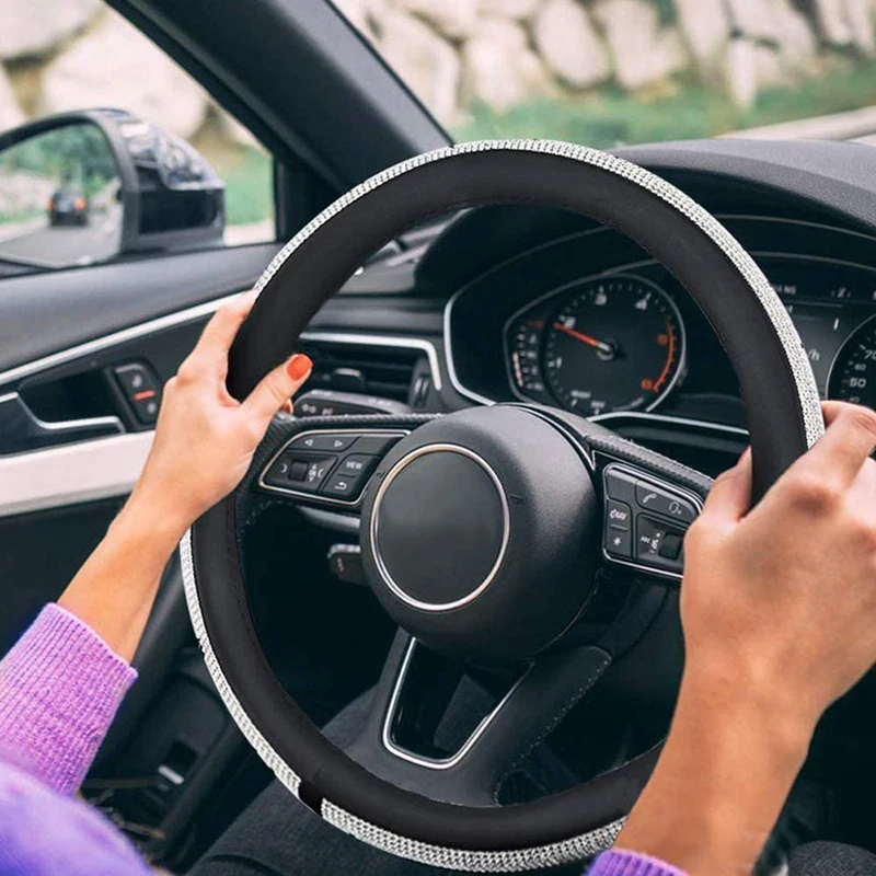 

Car Steering Wheel Cover with Anti Slip Rhinestone for Women Girls Interior Protection PU Leather Car Steering Covers