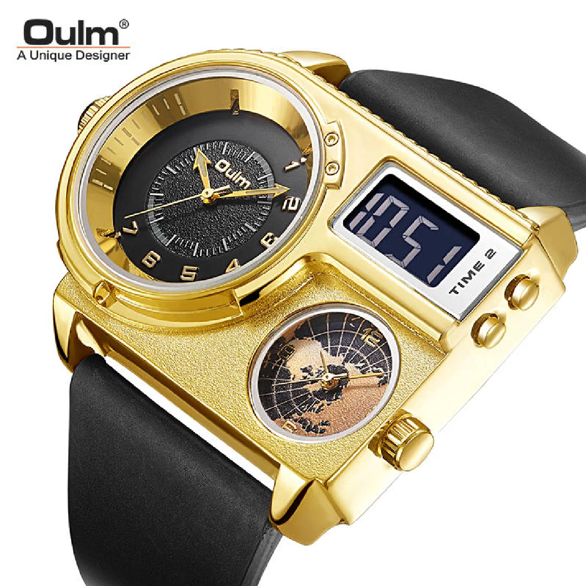 

Роскошные Брендовые мужские часы Oulm 5026, двойной дисплей, два часовых пояса, кварцевые часы, мужские большие наручные часы, мужские часы из на...