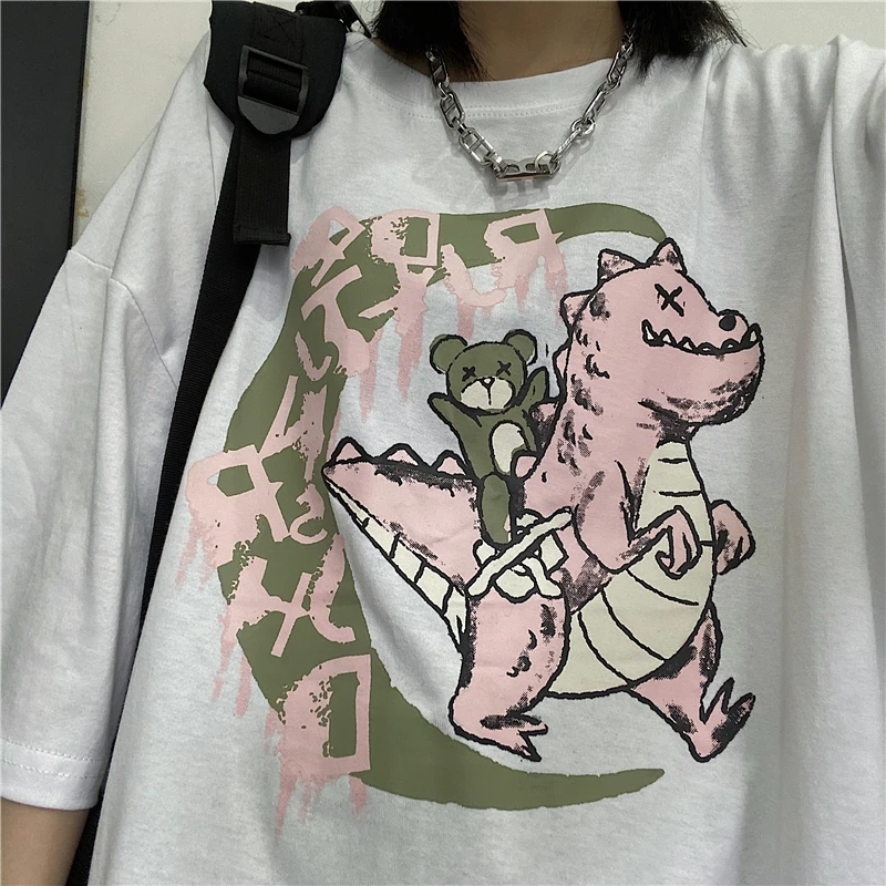 

New Summer T-shirt 100% Cotton Preppy Harajuku Cartoon Dinosaur Print Tees Casual Loose Round Neck Short Sleeve Tops Men Women