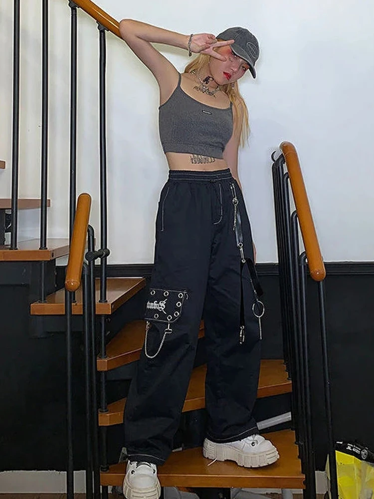 QWEEK Gothic Harajuku Black Cargo Pants Women Chain Wide Leg Goth Hippie Streetwear White Trousers Loose Female Baggy Fashion images - 6