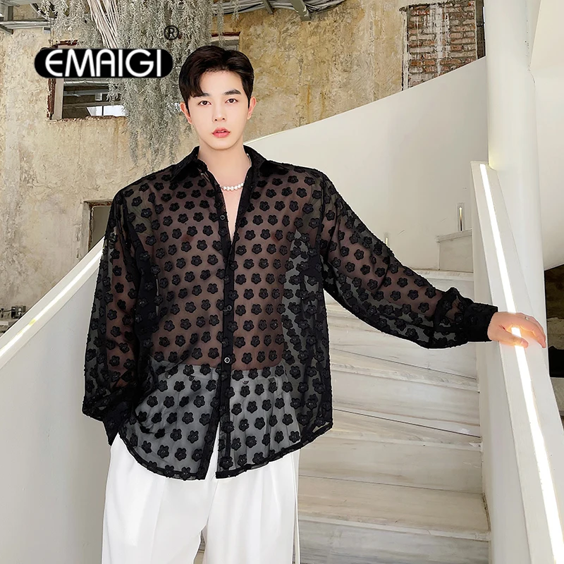 

Men See Through Loose Casual Thin Sun Protection Long Sleeve Shirts Male Summer Korean Vintage Lace Dress Shirt Stage Clothing