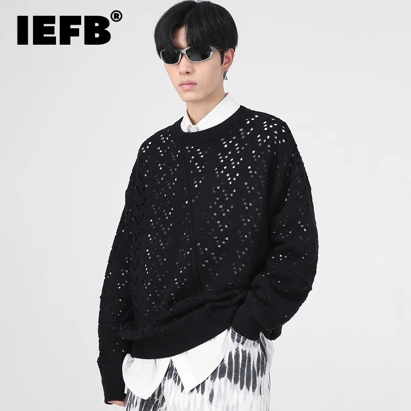 

IEFB Men's Pullover Wear Autumn Winter New Korean Fashion Hollow Hole Design Round Neck Knitting Sweater 2023 Solid Color 9A5981