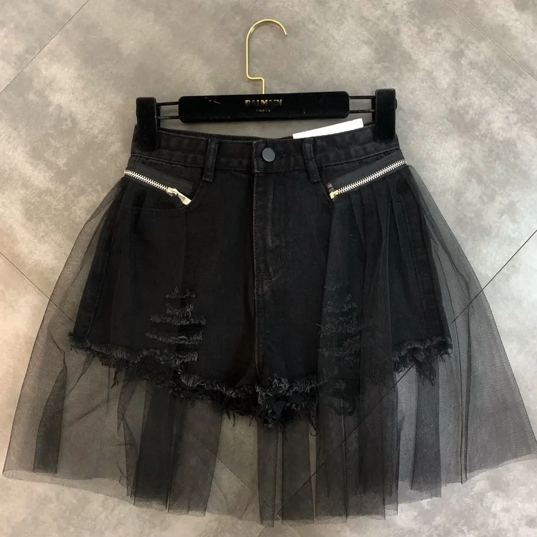 holes can be disassembled to wear two denim shorts women's high waist casual shorts 2022 summer fashion clothes black pants