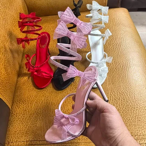 Eilyken/стрит-стиль, пикантные сандалии с открытым носком на тонком каблуке, женские сандалии с кристаллами и ремешком на щиколотке, обувь для стриптиза с узлом-бабочкой