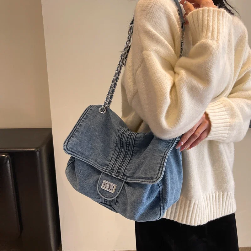

Fashion Women Classic Denim Fabric Chain Hasp Design Handbag Satchel Tote Shoulder Bag Woman Casual Rucksack Purse Crossbody Bag