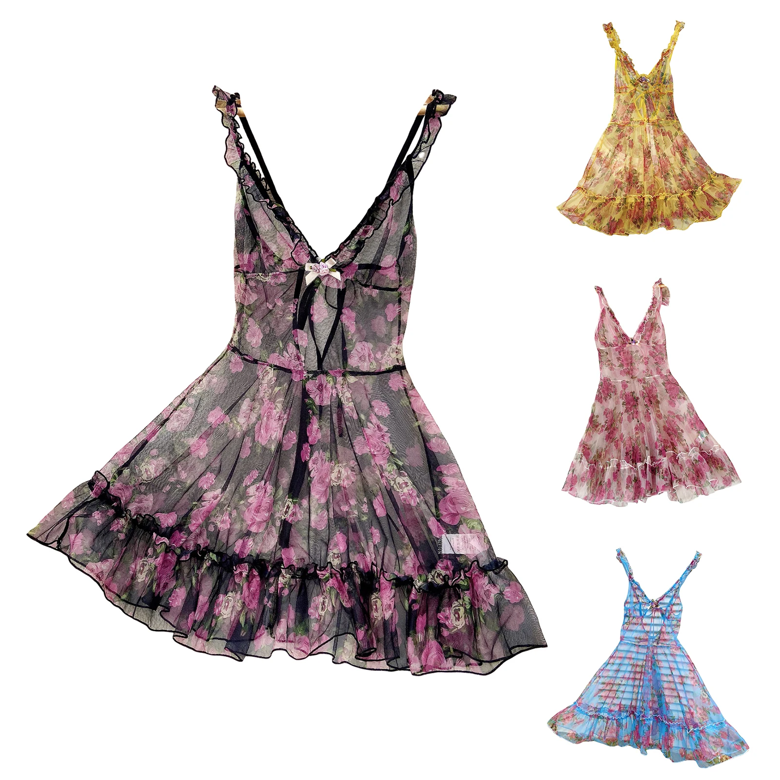 

Women's Loose Sheer Dress Summer Floral Print Deep V Neckline Pleated Edge Sling Dress