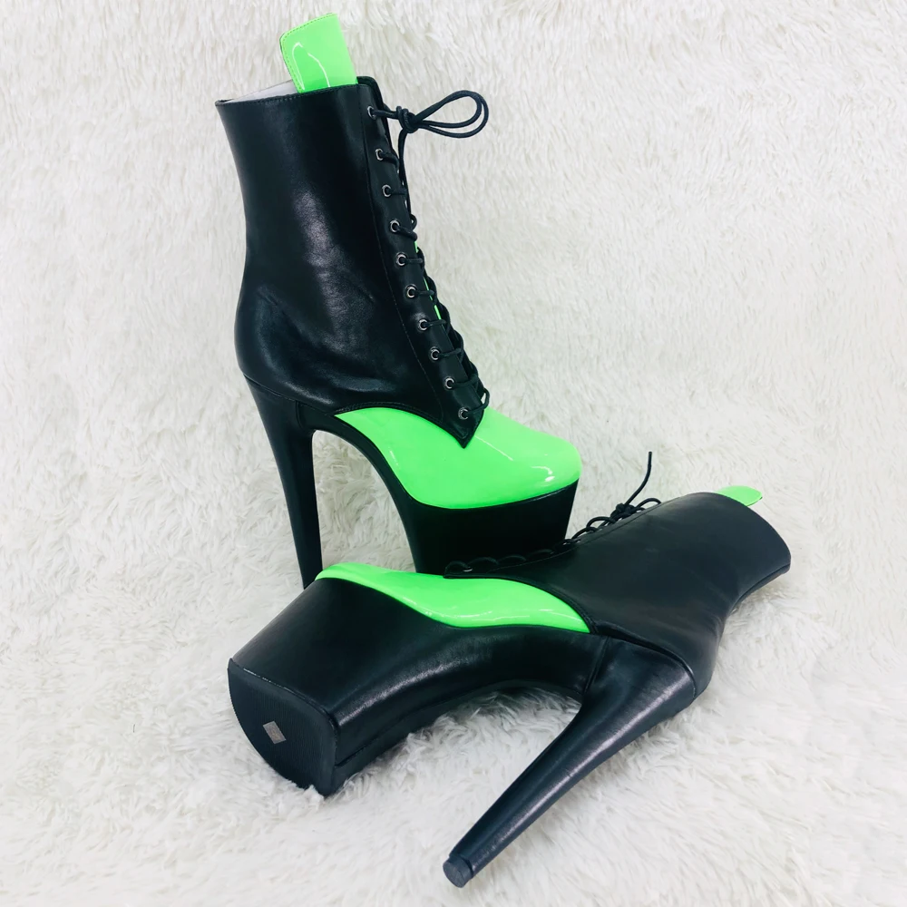 Leecabe 17CM/7Inches black with green Shinny two colour upper High Heel platform Boots Closed toe  Pole Dance boot