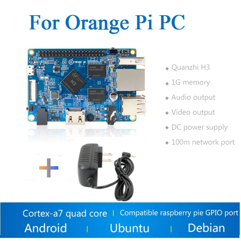 For Orange Pi PC H3 Board 1GB DDR3+5V3A Power Supply Cortex-A7 Quad Core Run Android4.4/Ubuntu/Debian US Plug