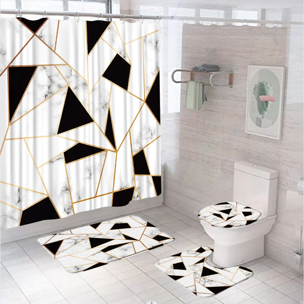 

Luxury 3D Marble Geometry Shower Curtain Sets Waterproof Fabric Bathroom Curtains Modern Non-Slip Bath Mat Rug Lid Toilet Cover