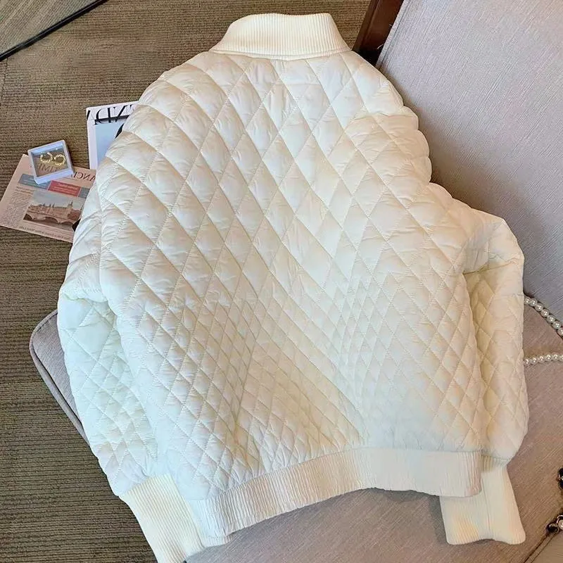 White Rhomb Cotton-Padded Padded Women Spring and Autumn 2022 New Niche Temperament All Go with Loose and Thick Baseball Jacket