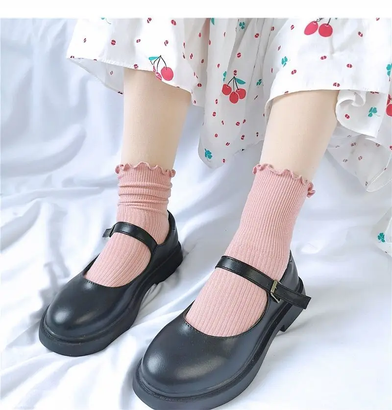Ruffle Socks Women Girls Solid Color Kawaii Cute Frilly Lolita Japanese Maiden Cotton Harajuku Princess Crew Tube Middle Socks
