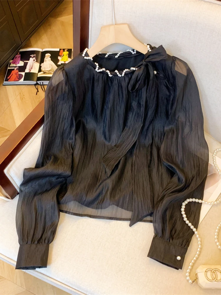 Осенняя новая элегантная женская однотонная свободная шифоновая рубашка с