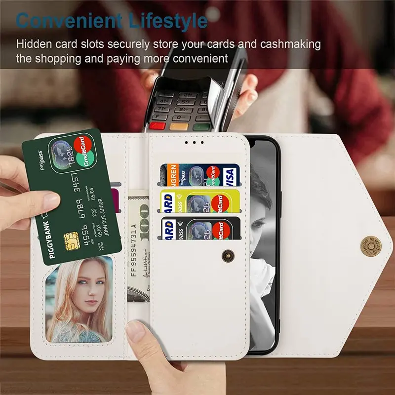 Crossbody Wallet Case with Kickstand for iPhone 13 Pro Max, PU  Zipper Flip Wallet Case with Card Slots and Detachable Lanyard &
