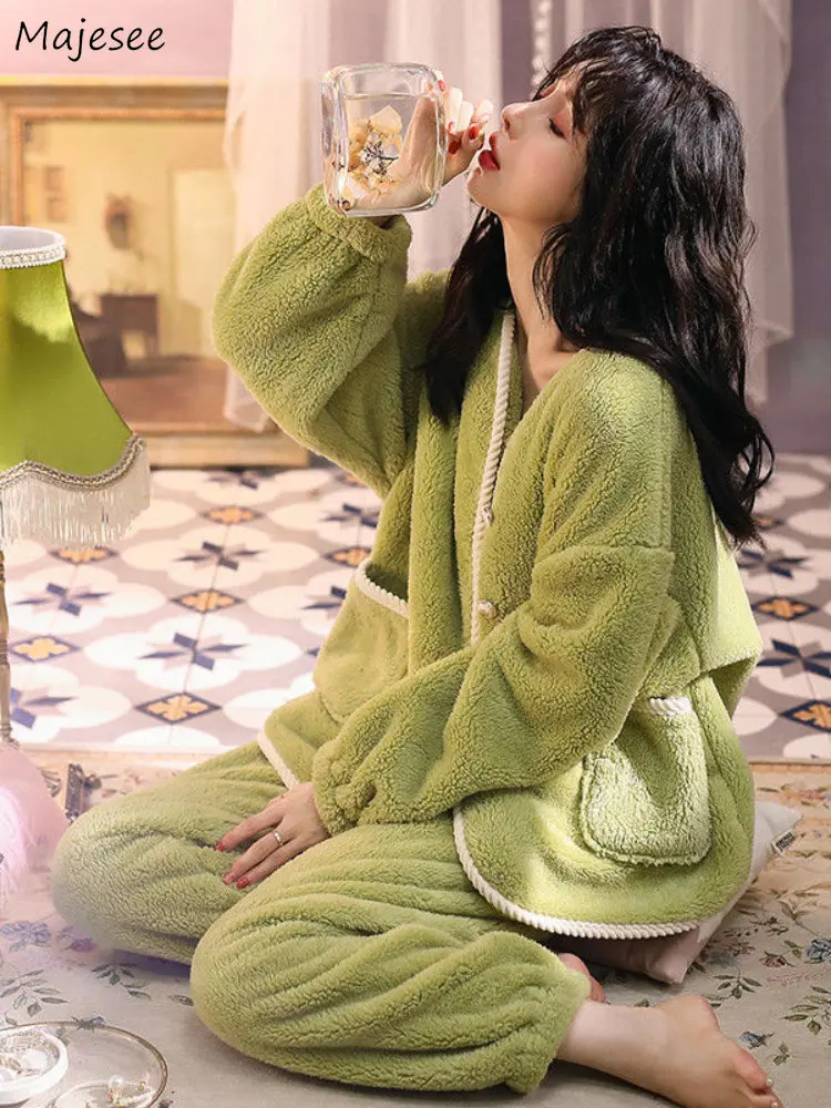 

Pajama Sets Women Winter Solid Home Nightwear Warm Soft Chic Comfortable Lovely Sweet Female Newly Popular Cozy Hot Sale Ins BF