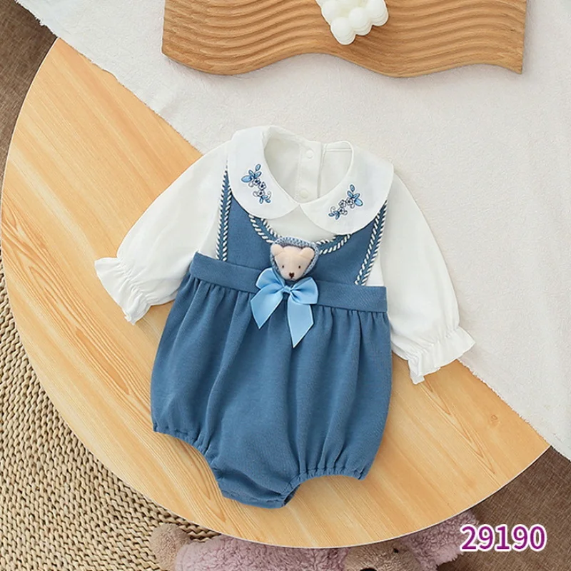 2022 Spring Family Matching Sister Clothes Long Sleeves White Blue Patchwork Bodysuit+Princess Baby Dress Twins Outfits E9190 |