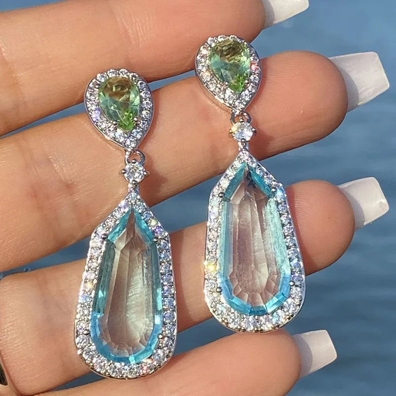 

2023 Women Sea Blue Zircon Wedding Unique Bride Dinner Earrings