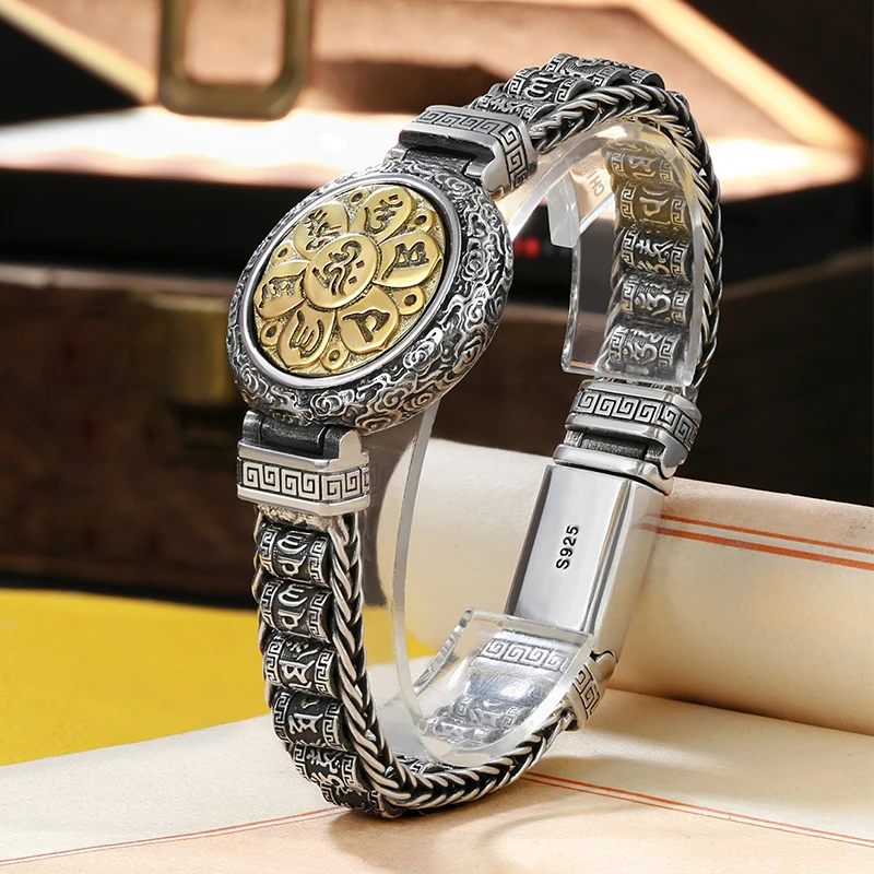 Ретро креативный вращающийся Серебряный мужской браслет в китайском стиле с