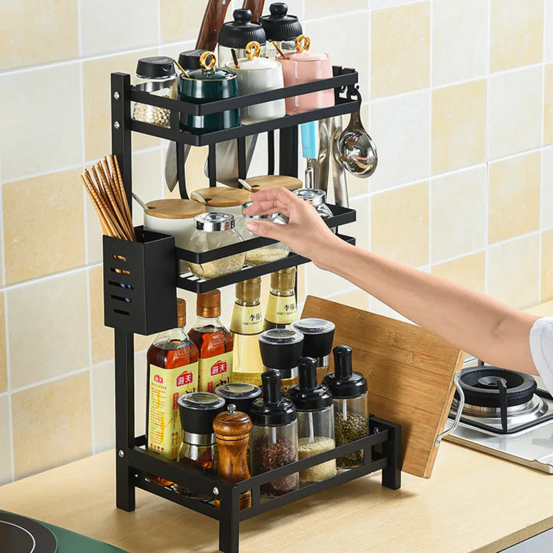 

Household Items Spice Rack Desk Shelf Supports Home Organization And Storage Metal Carbon Steel Black For Kitchen Convenience