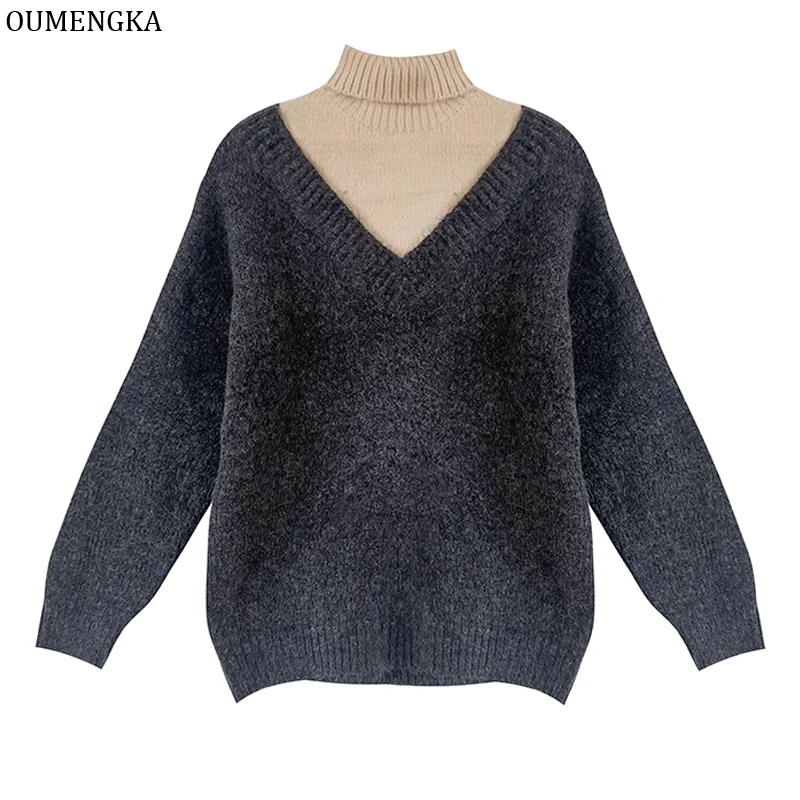 

Autumn Winter Women Turtleneck Sweaters Patchwork Pullovers Soft Loose Knitted Jumpers Long Sleeve Tops Oversize Pull For Female