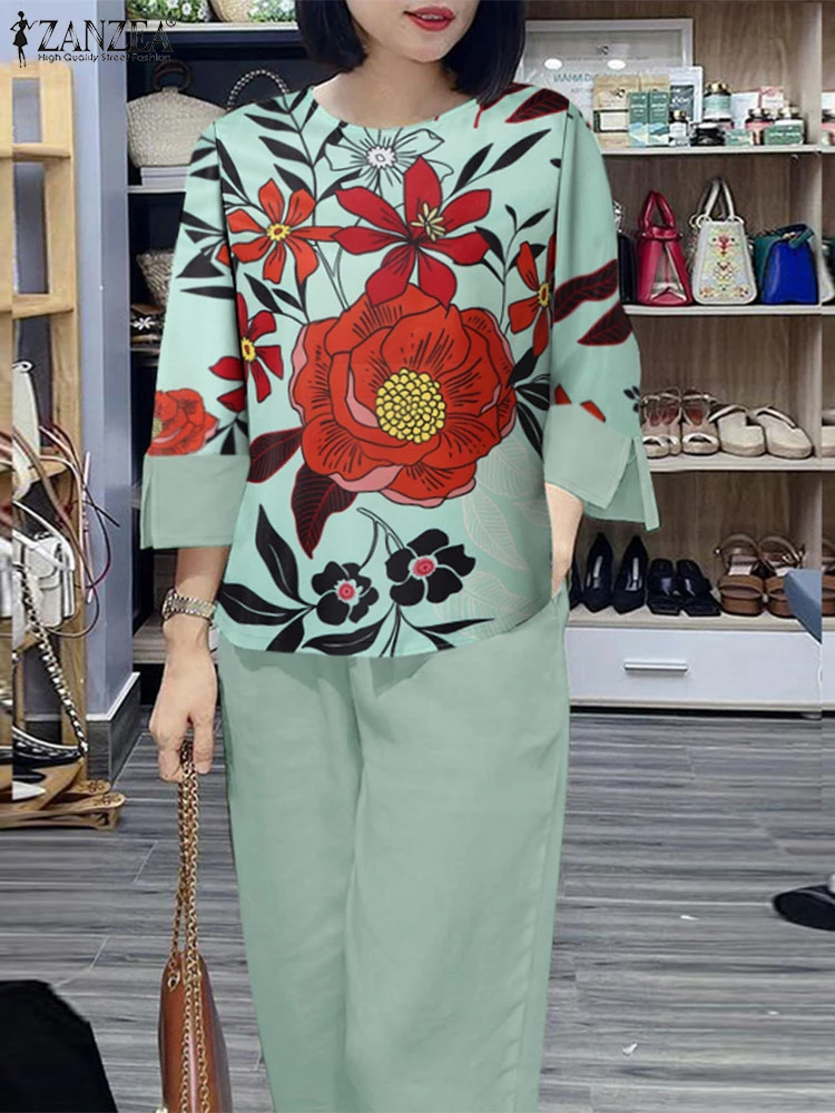 ZANZEA Свободные повседневные блузки с цветочным принтом и рукавами 3/4 комплекты